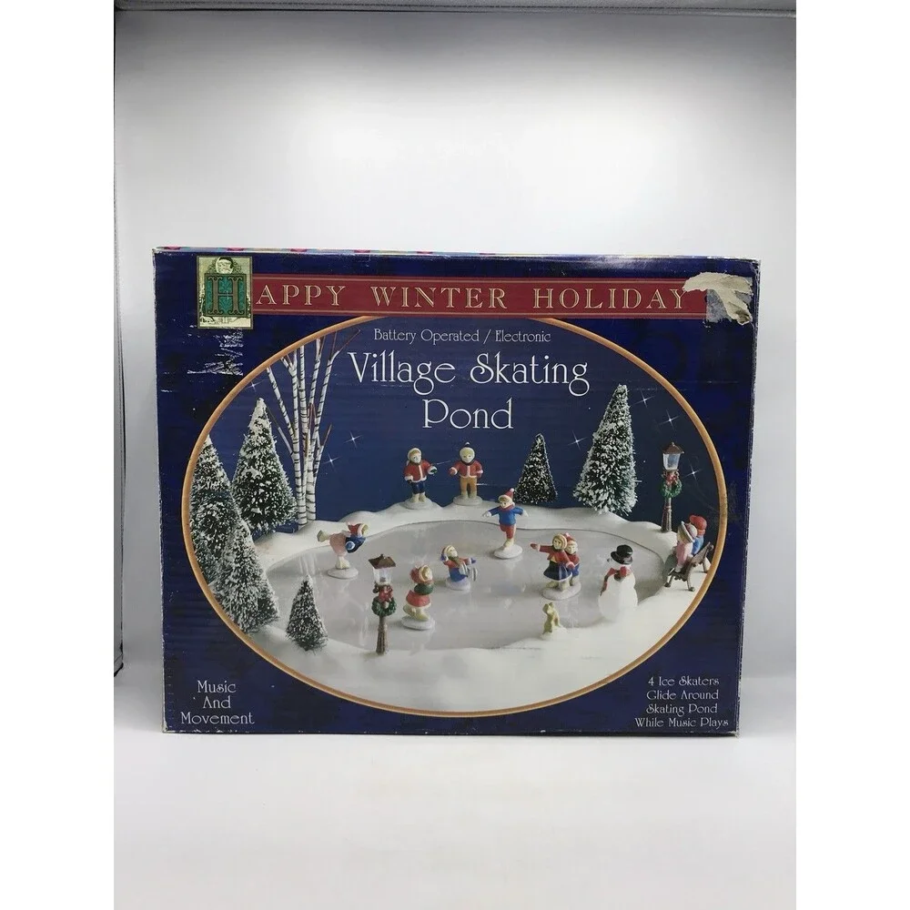 Vintage Happy Winter Holiday Village Skating Pond Musical Works And Complete